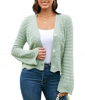 Women Cropped Cardigan Crocheted Bell Sleeve Bolero Shrug V-Neck Open Front