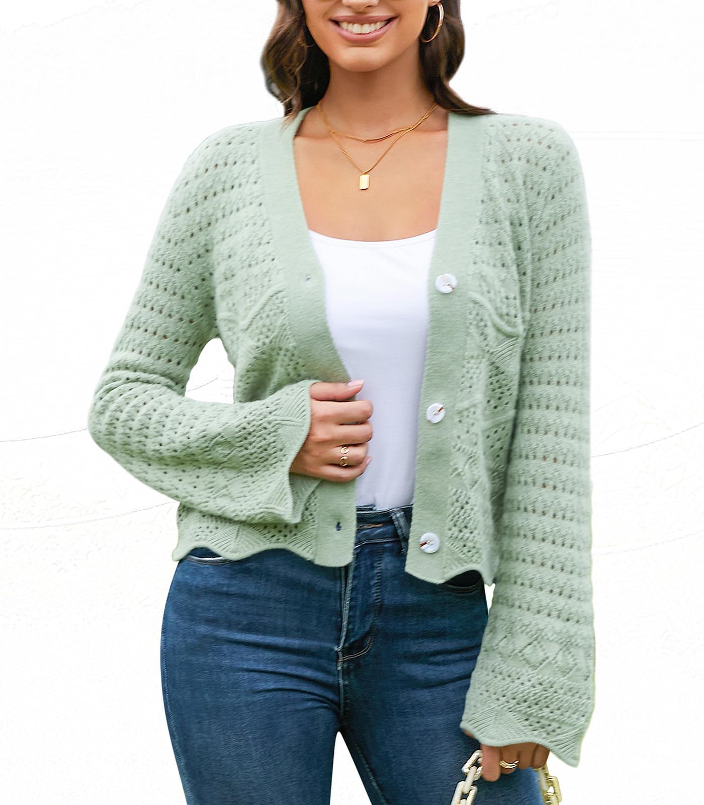 Women Cropped Cardigan Crocheted Bell Sleeve Bolero Shrug V-Neck Open Front
