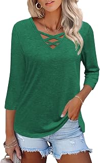 Heymiss Women Tops 3/4 Sleeve V Neck Loose Fit Casual Tunic Blouses Cross Tops Summer Tops
