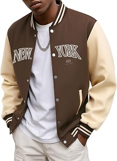 New York Letter Print Long Sleeve Baseball Jacket Mens Classic Color Block Casual Outdoor Sports Jacket, coffee, XL