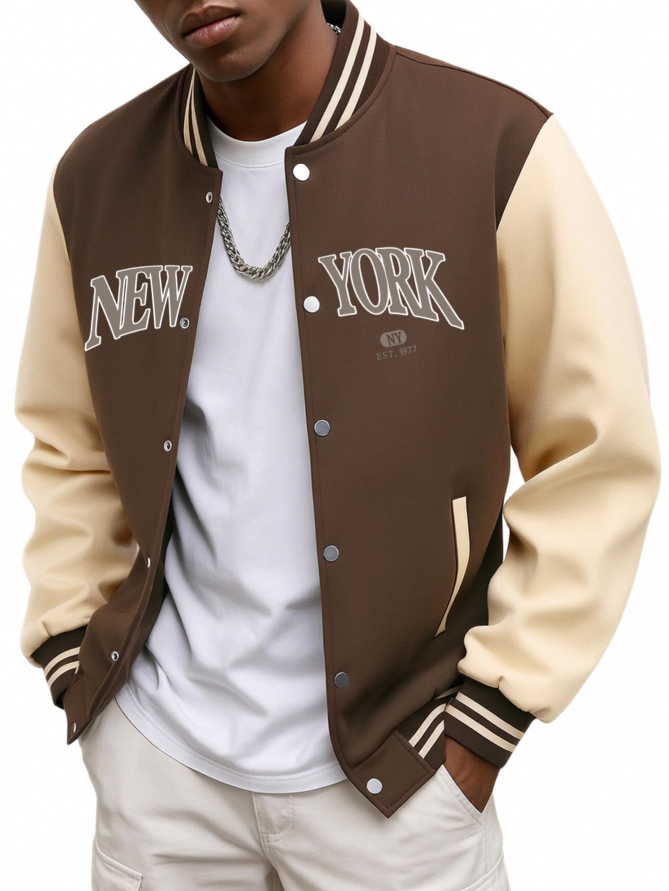 New York Letter Print Long Sleeve Baseball Jacket Mens Classic Color Block Casua