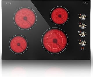 Karinear 30 Inch Electric Cooktop 4 Burners, Knob Control Ceramic Cooktop | 30" Radiant Electric Stove Top, Glass Protection Metal Frame,Hot Surface Indicator, 220-240V, HardWire, No Plug, Gold Knob