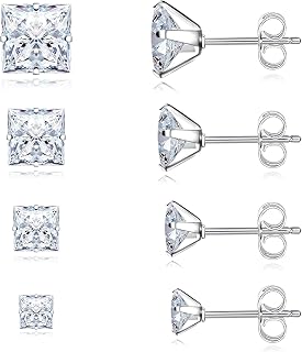 Trinckle Square Stud Earrings for Men and Women Cubic Zirconia Earing Set | 4 Pairs Stainless Steel Earrings Hypoallergenic Silver Cubic Zirconia Earing Set Gold Studs Eaerings Princess Cut Jewelry