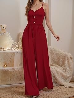 Women Jumpsuit Sleeveless Spaghetti Straps Button Front Elastic Waist Wide Leg One Piece Romper for Daily Casual Wear
