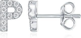 PAVOI Diamond Initial Stud Earrings for Women, White Gold, Size 1, Diamond