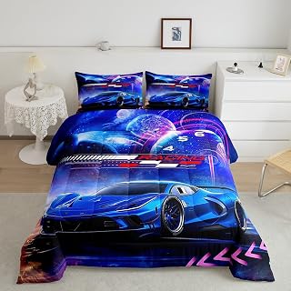 Feelyou Kids Boys Duvet Cover Set, Extreme Sports Racing Car Blue Racing Car Bedding Set for Teens Toddlers Toddlers 3 Pieces Cool Modern Bedding Set for Kids Boys