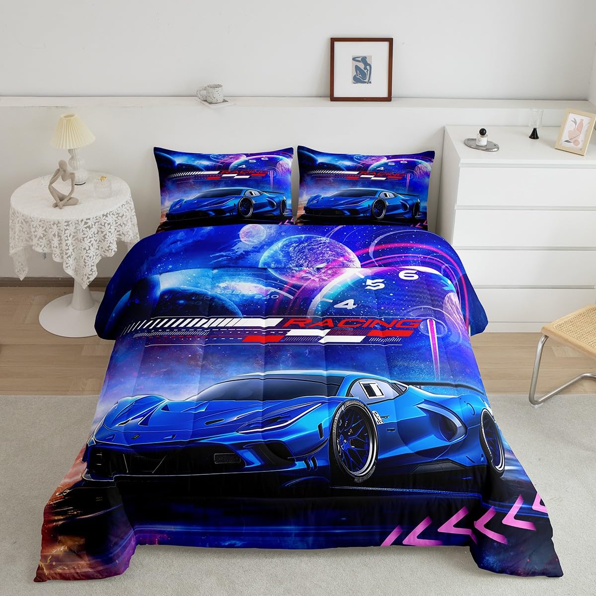 Feelyou Kids Boys Duvet Cover Set, Extreme Sports Racing Car Blue Racing Car Bed