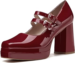 Coutgo Mary Jane - Zapatos de tacón grueso con dos correas y puntera cuadrada para mujer, zapatos de fiesta
