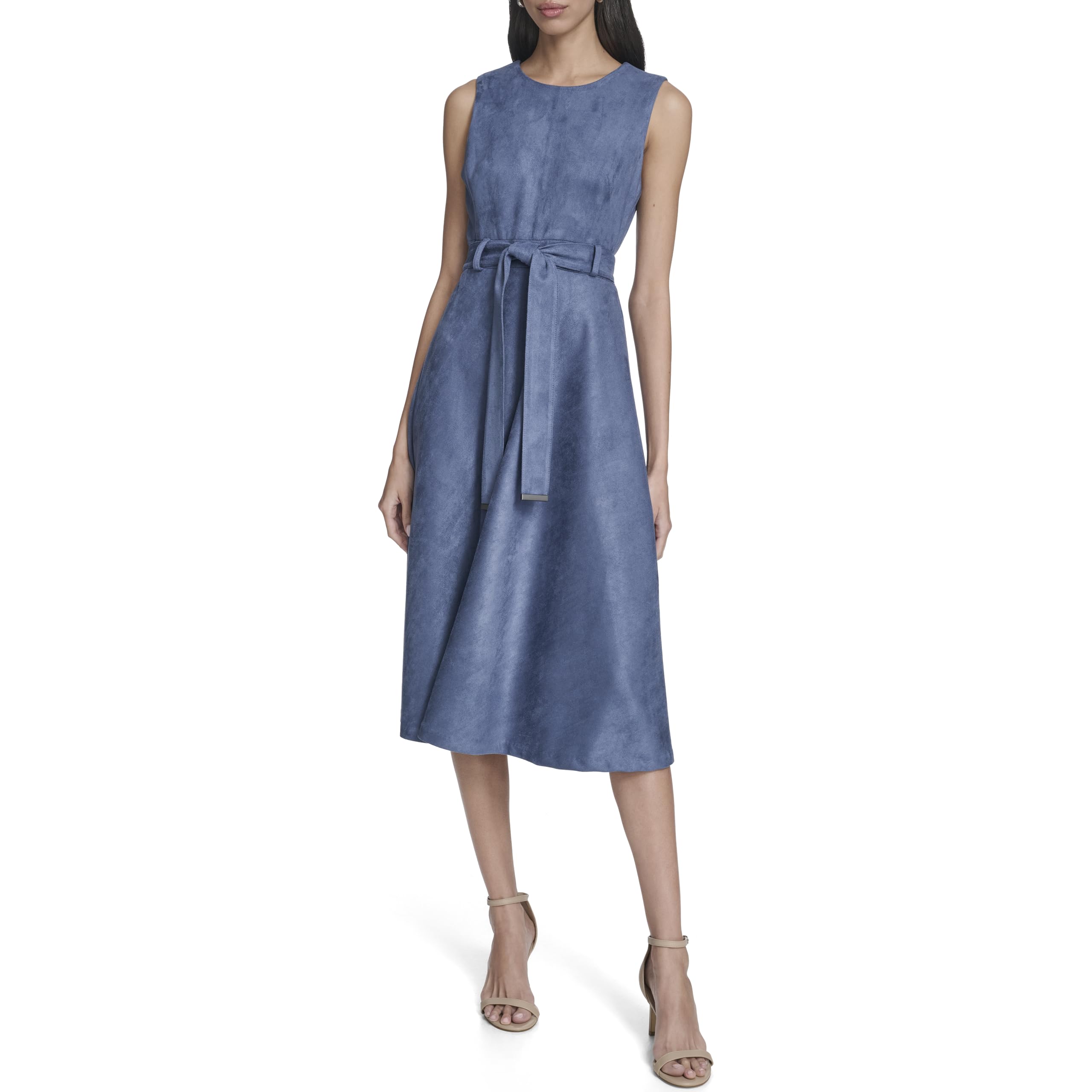 Calvin Klein Women's Sleeveless Round Neck Belted A-line Midi Dress