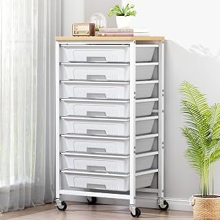caktraie 8-Drawers Rolling Cart, Craft Storage Utility Cart, White layer | with Mobile Drawers, Wooden Tabletop and Lockable Wheels, for Classroom, Office, Living Room & Bedroom