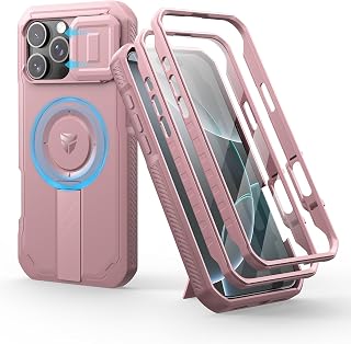 Dexnor for iPhone 16 Pro Max Case with Slide Camera Cover&Adjustable Kickstand&Built-in Screen Protector,Compatible With MagSafe Shockproof Bumper Cases Heavy-duty Magnetic Protective Cover,Peony Pink