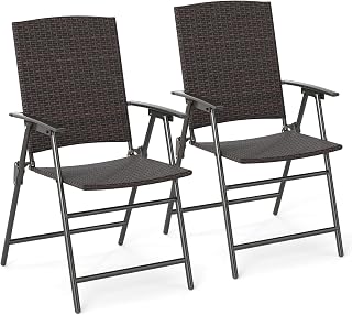 Tangkula Outdoor Folding Chairs Set of 2, Patio PE Wicker Dining Chairs with Armrests and Metal Frame, Portable Lawn Chairs for Garden, Porch, Balcony and Camping, Fully Assembled (2)