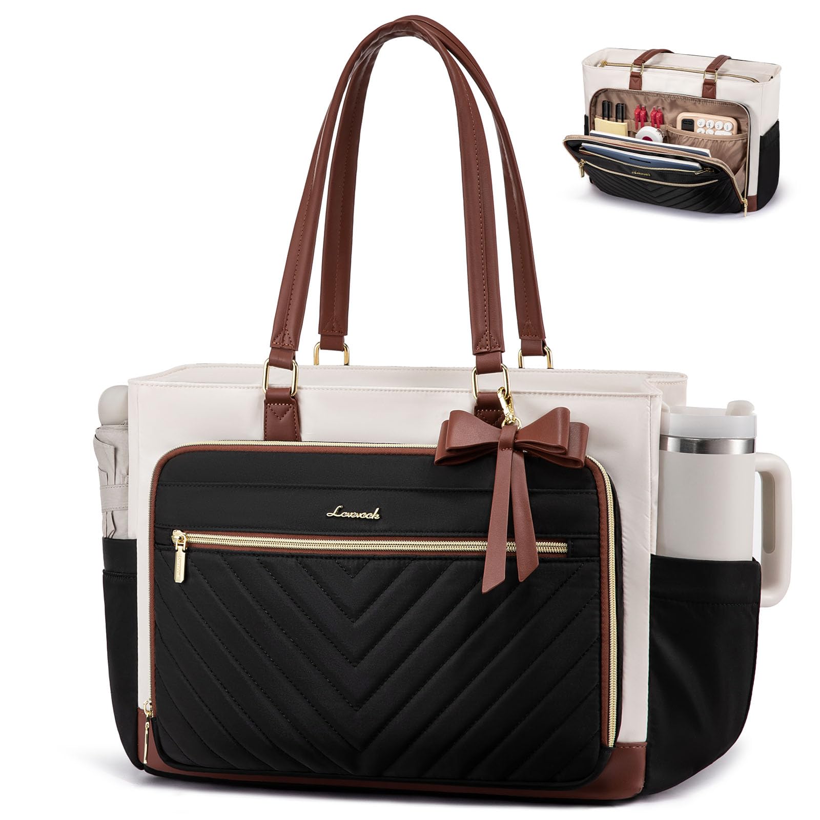 LOVEVOOK Teacher Tote Bag for Women, Work Laptop Bag Gift with Large Cup Holder,