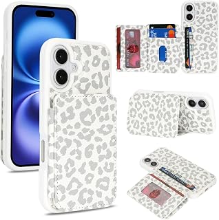 Cavor Custodia a portafoglio compatibile con iPhone 16 con porta carte, slot di credito cavalletto custodia per telefono per donne e uomini, custodia protettiva in pelle PU - leopardo bianco