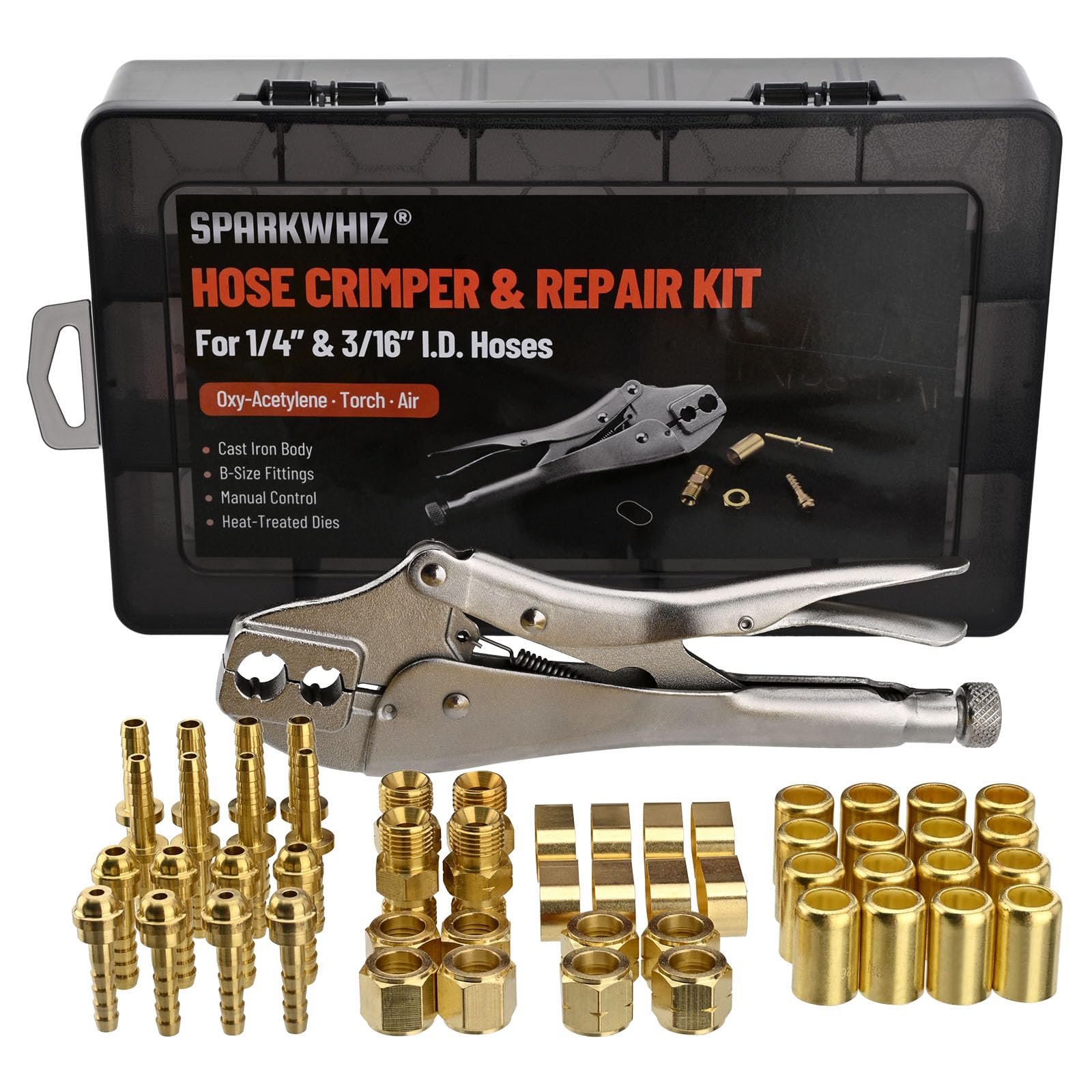 53PCS Hose Repair Kit, 1/4" & 3/16" I.D. Torch & Air Hose Crimper Tool | with Cr