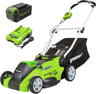 Greenworks 40V 16in Push Lawn Mower, 4.0 Ah Battery and Charger | Quiet walk-behind mower with push-button start; gas-free operation eliminates fumes and pull starts