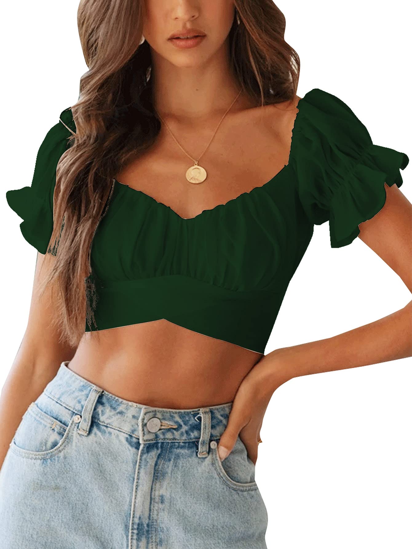 LYANER Womens Ruffle Short Sleeve Tie Back Crop Top Off Shoulder Bardot Blouse