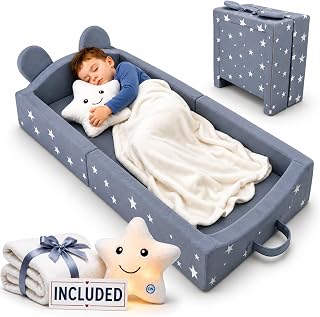 XL Portable Toddler Bed for Travel + Blanket + Pillow, Up to 7 Years Old | 3" Extra Thick Foldable Toddler Bed | Foldable beds &amp; Kids Sleeping Cot in Ultra Soft Velvet