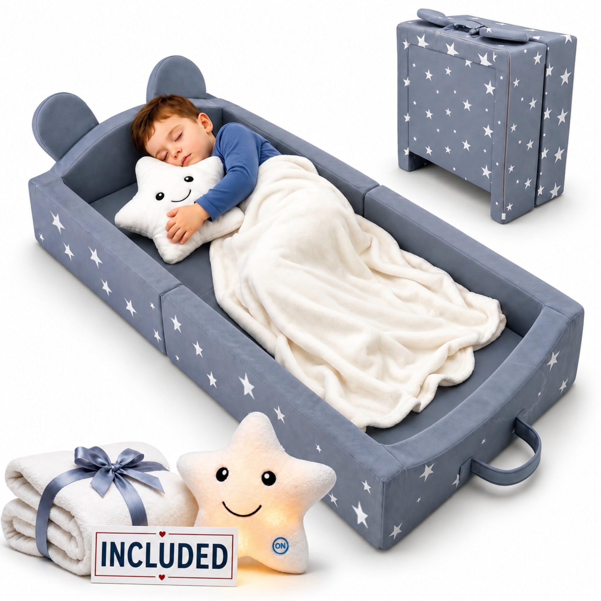 XL Portable Toddler Bed for Travel + Blanket + Pillow, Up to 7 Years Old | 3&quo