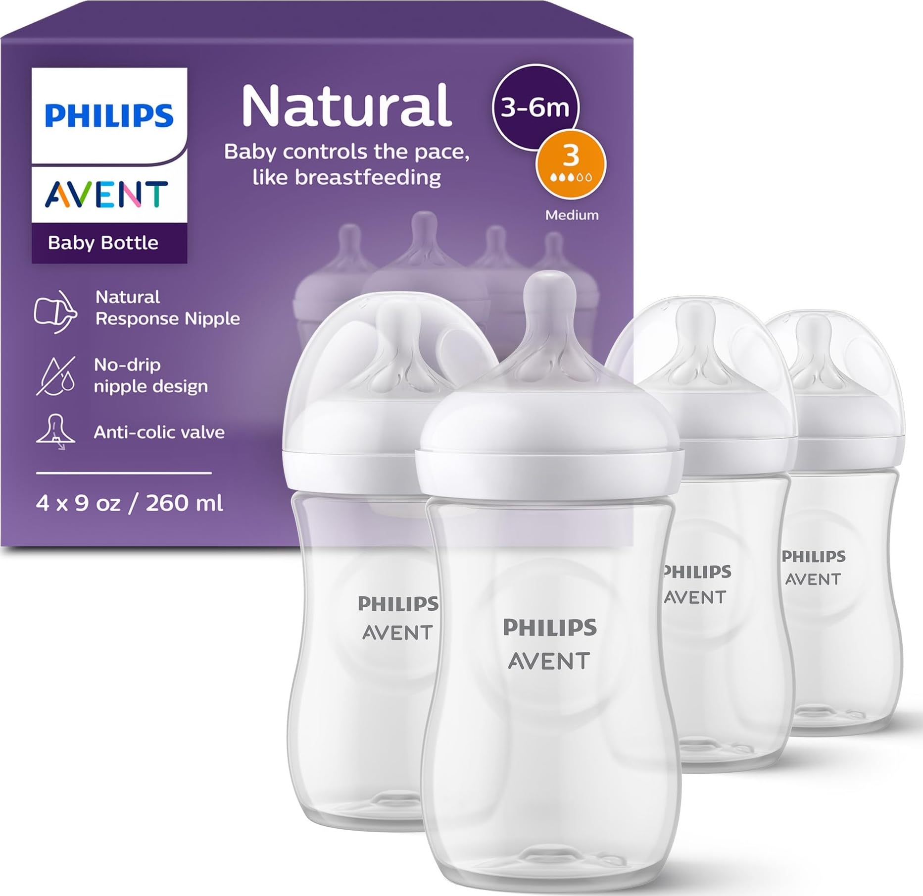 Philips Avent Natural Baby Bottles, Medium Flow, 9 oz, BPA-Free, 4-Pack | Breast