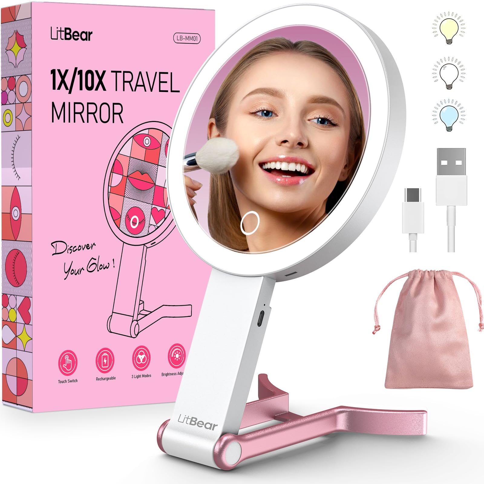 LitBear Travel Makeup Mirror with Lights, Rechargeable Double-Sided 10X/1X Magni