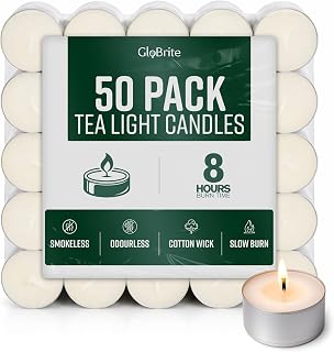 GloBrite Unscented Tea Lights – 8-Hour Long Burning Candles with Aluminum Cups for Home, Events & Decor (Pack of 50)