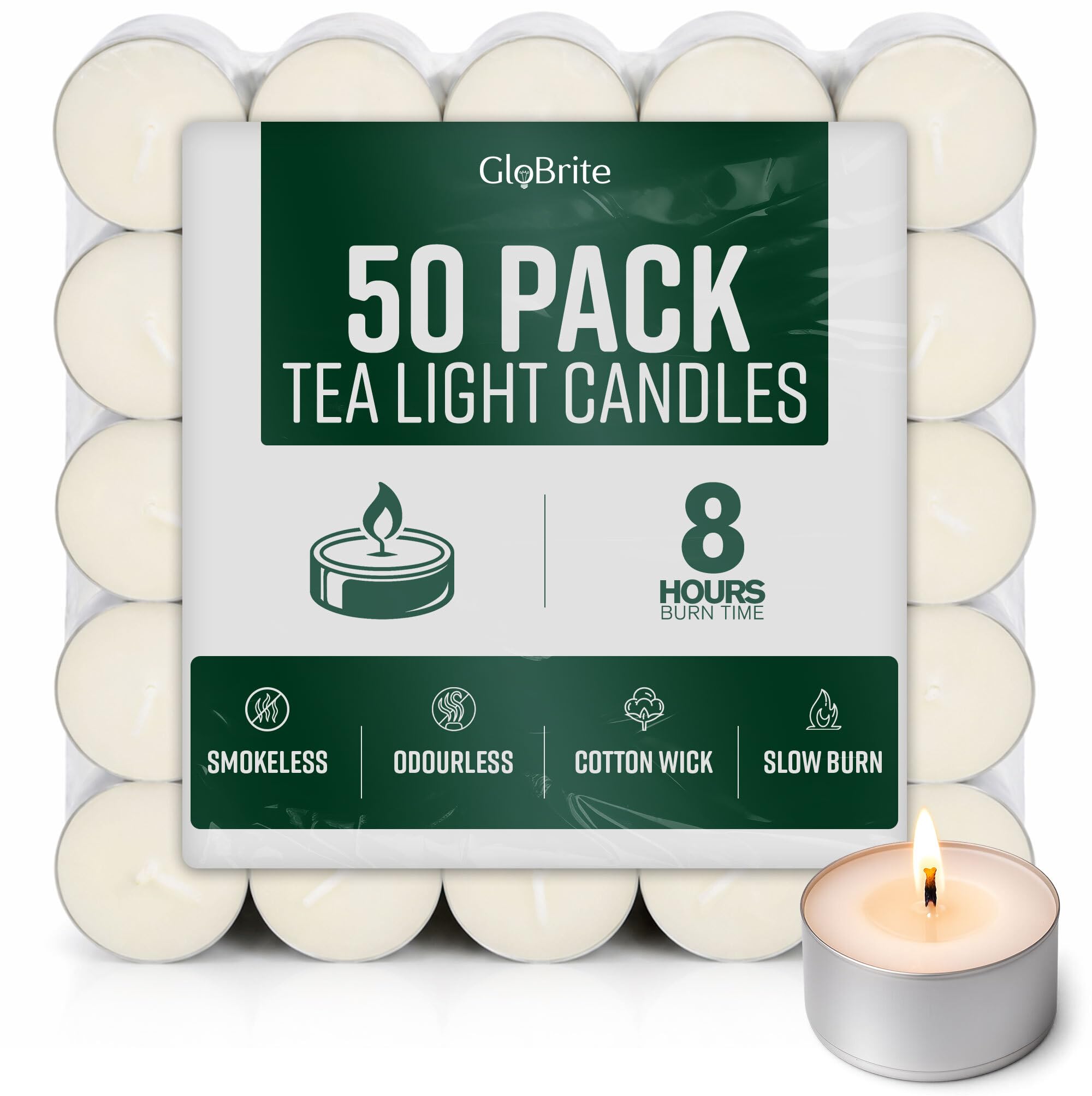 GloBrite Unscented Tea Lights – 8-Hour Long Burning Candles with Aluminum Cups f
