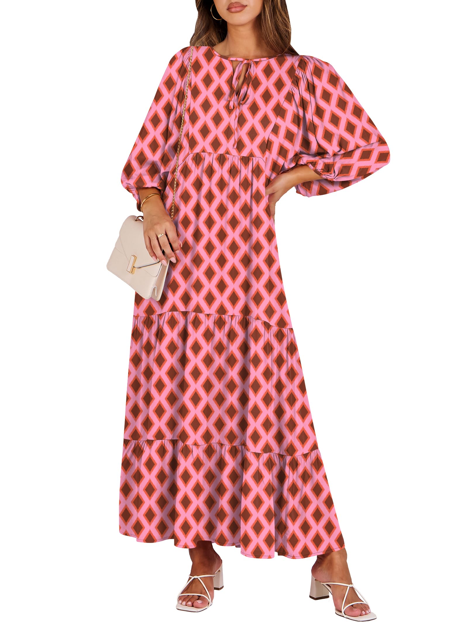 ANRABESS Womens Boho Maxi Dresses 2026 Summer V Neck Puff Sleeve Floral Flowy Sw