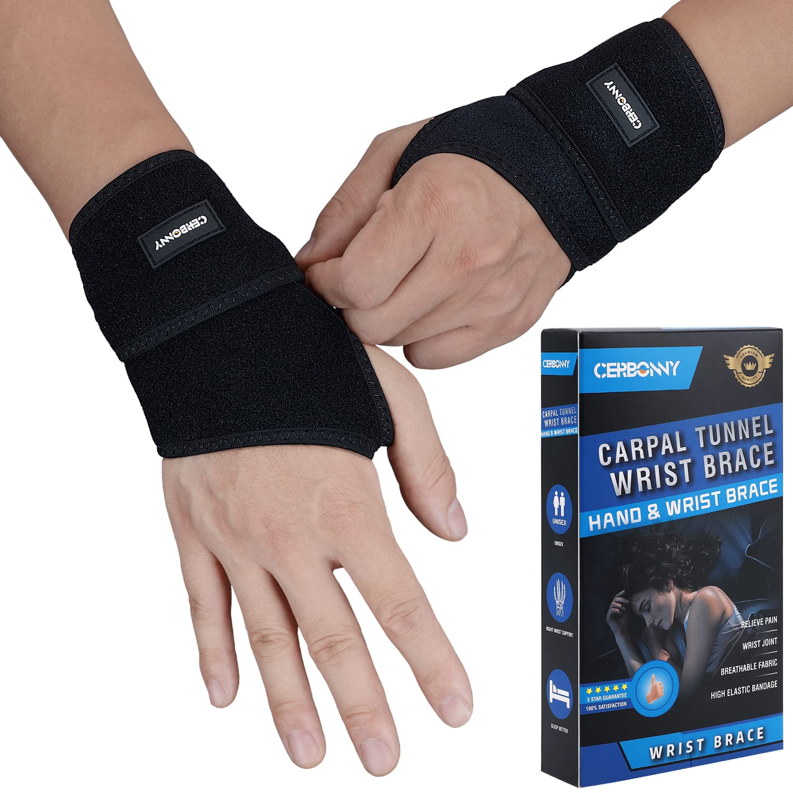 CERBONNY Carpal Tunnel Wrist Brace,2Pack Wrist Support Brace Adjustable Wrist St