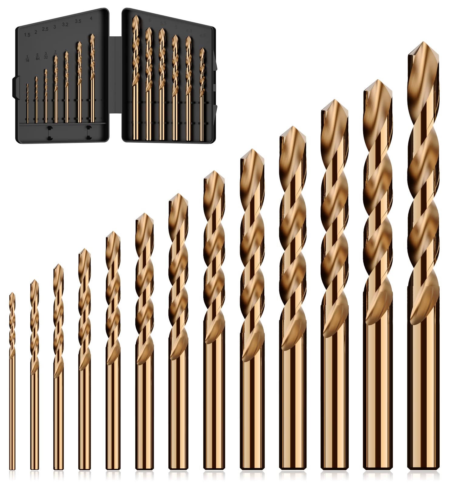 MACXCOIP 13Pcs(1/16"-1/4") Cobalt Drill Bit Set M35 HSS Jobber Length | for Hard