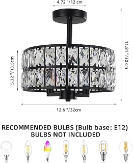 12.6” Semi Flush Mount Ceiling Light Fixture Modern Crystal Chandeliers Ceiling Lights Black Farmhouse Dining Room Light Fixtures for Bedroom Foyer Entryway Hallway Kitchen