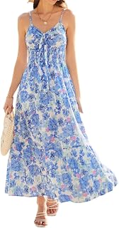 GRACE KARIN Women Maxi Maxi Dress Elastic Waist Spaghetti Straps V Neck Flare A-Line