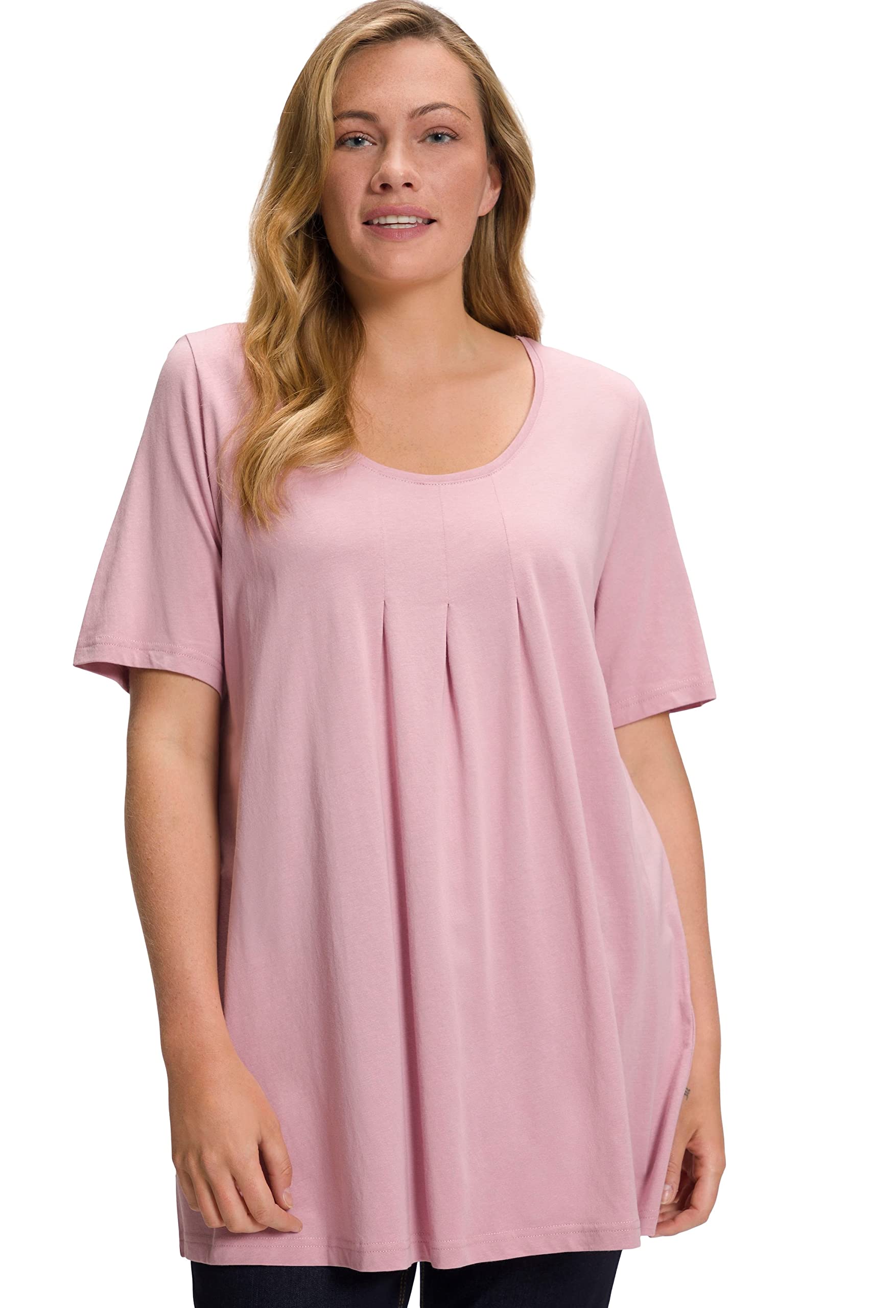 Ulla Popken Women's Plus Size T-Shirt, Pleat, A-line, Short Sleeve 796473