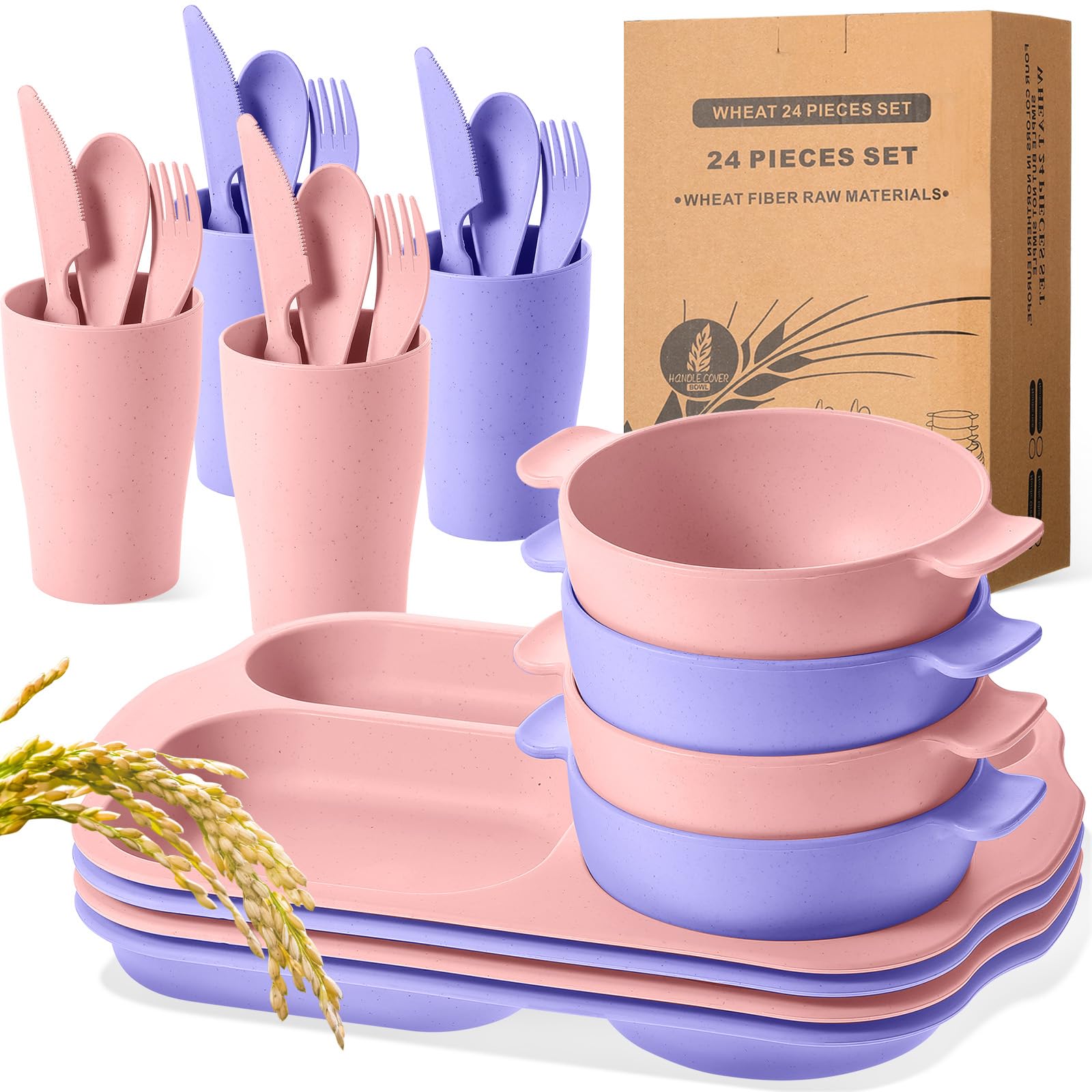 Honoson 24 pcs Wheat Straw Dinnerware Set for 4, Unbreakable, Pink Purple