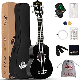 Winzz Soprano Ukulele Starter Kit For Beginners with Bag, Clip-On Tuner, Extra Strings, Strap, Plectrum, Fret Stickers, Chords Card, Polishing Cloth, Black