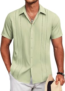 COOFANDY Camisa guayabera cubana de manga corta con botones para hombre, camisas casuales de verano para la playa, Blanco
