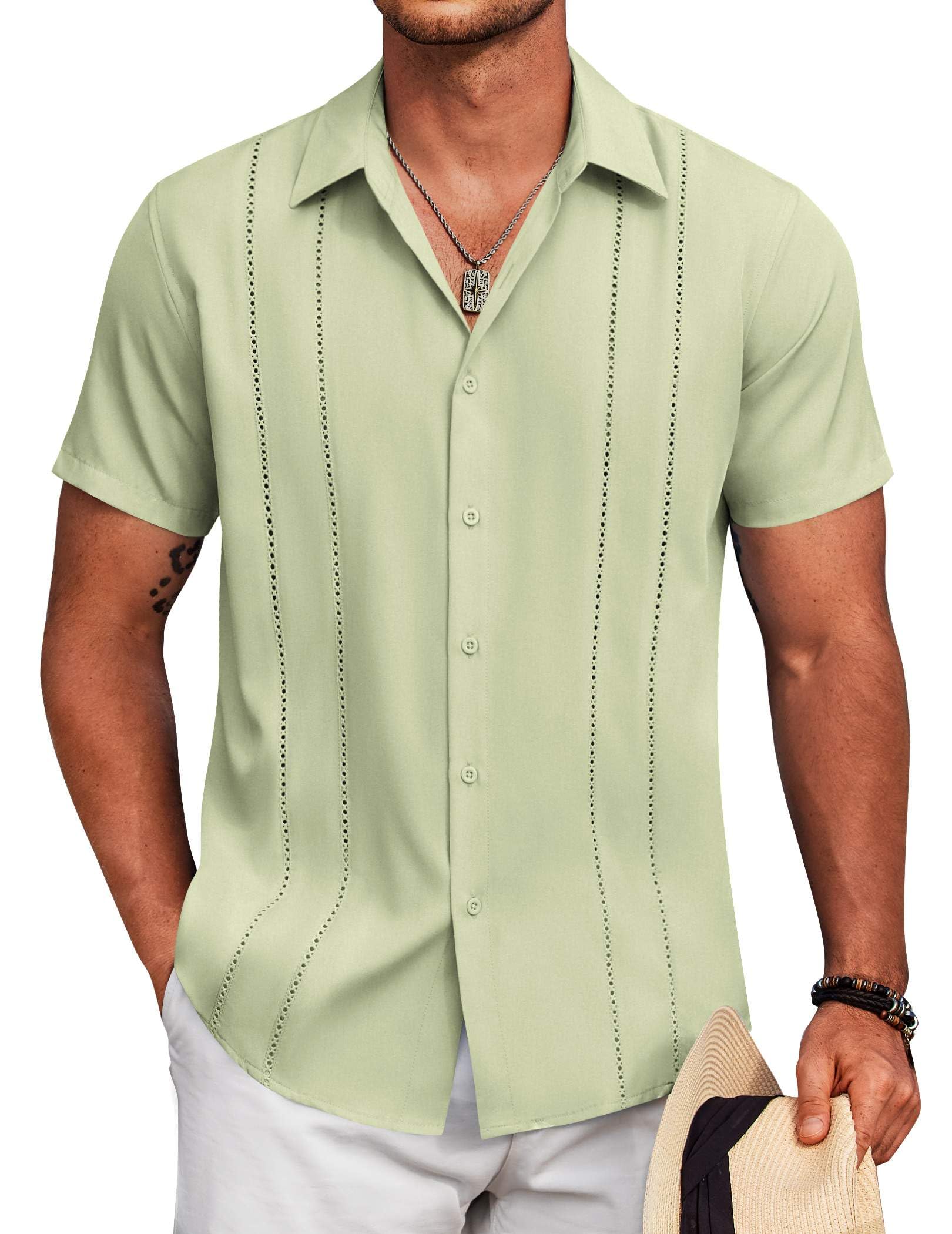 COOFANDY Camisa guayabera cubana de manga corta con botones para hombre, camisas