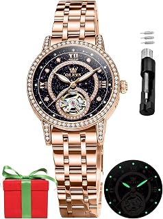 OLEVS Automatic Watches for Women Skeleton Starry Sky Silver Rose Gold Mechanical Luxury Business Dress Luminous Diamond Waterproof Wristwatches