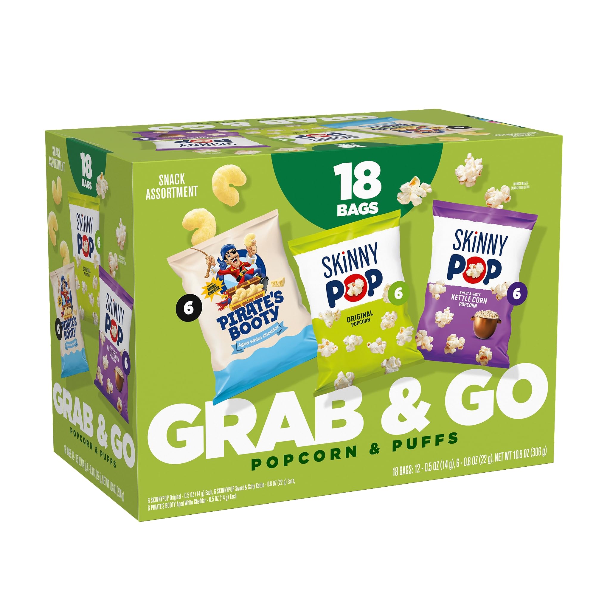 SkinnyPop Popcorn & Pirate's Booty Cheese Puffs, Snacks Variety Pack, 18 ct | Or