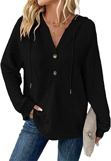 WNEEDU Womens Long Sleeve Tops Waffle Knit Hoodies V Neck Button Sweatshirt | 2026 Womens long sleeve hoodies, Loose hooded fall waffle knit sweatshirt, Drawstring button v neck casual soft pullover top