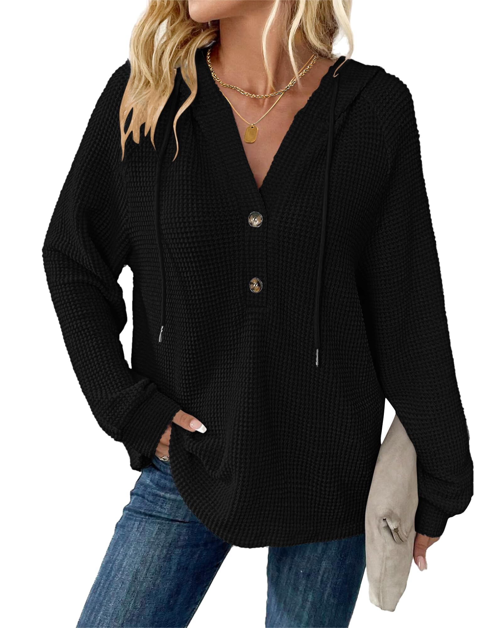 WNEEDU Womens Long Sleeve Tops Waffle Knit Hoodies V Neck Button Sweatshirt | 20