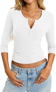EasyGala Camisas de algodón de manga 3/4 para mujer, estilo Henley, ajustadas, básicas, cuello en V, para salir, ropa de moda de verano