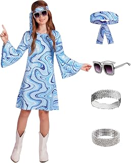 BesserBay Girl's 5 Pcs Halloween 70s Disco Hippie Dress Sequins Outfit
