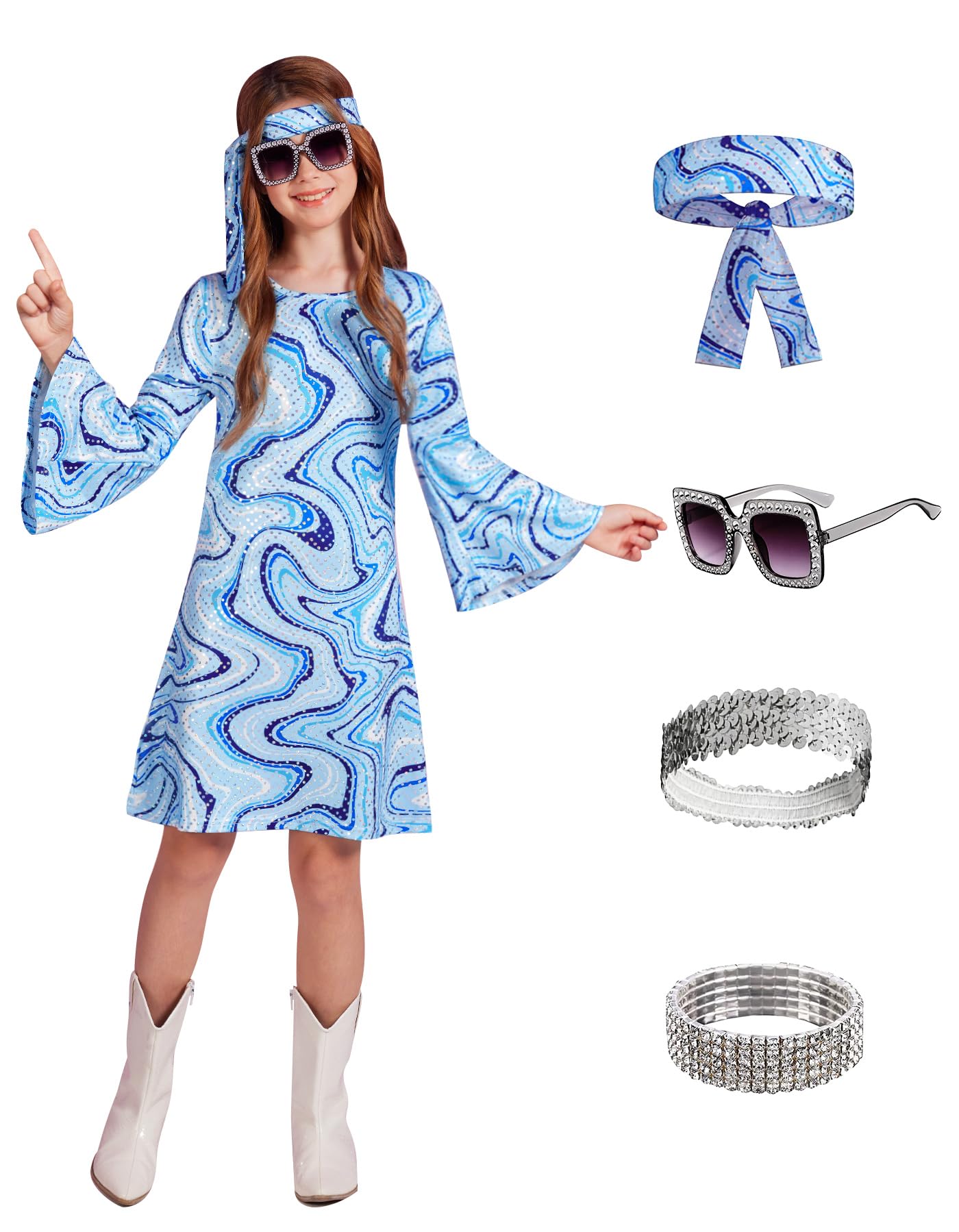 BesserBay Girl's 5 Pcs Halloween 70s Disco Hippie Dress Sequins Outfit