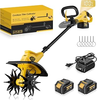 Cordless Tiller Cultivator, 12" Tilling Width, 8" Depth, 2x4.0Ah Batteries | 40-Min Runtime, Digital battery level display，12-Inch Width, 8-Inch Depth, 360 RPM Brushless Motor, Safety & Comfort