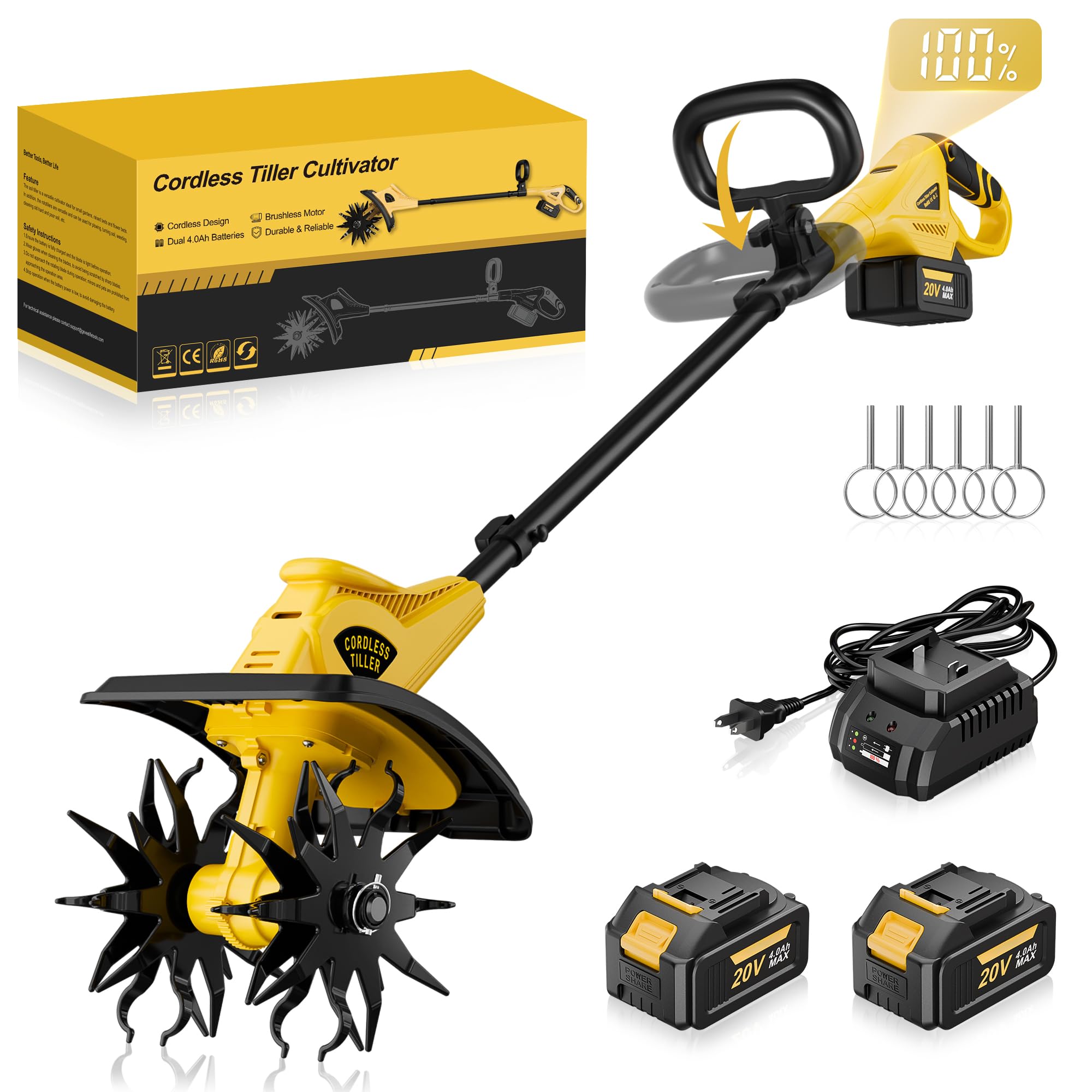 Cordless Tiller Cultivator, 12" Tilling Width, 8" Depth, 2x4.0Ah Batteries | 40-