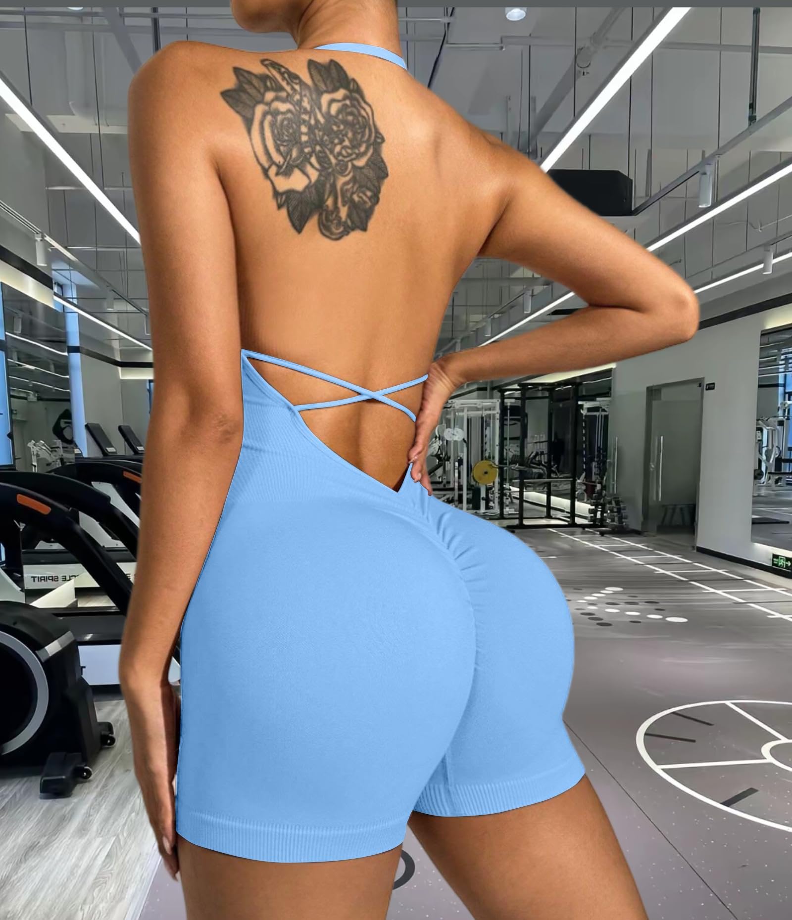 Women Yoga Jumpsuit, V Back Workout Romper for Women, Seamless One Piece Jumpsui