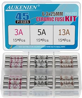 AUKENIEN Fuses Mixed Household UK 3 Values 45pcs 3A 5A 13A Fuse 3 5 13 Amp 6.3 x 25MM 0.248x0.984 Inch 240V 240 Volt BS1362 Ceramic Fuses Assortment Kit for Mains Plug