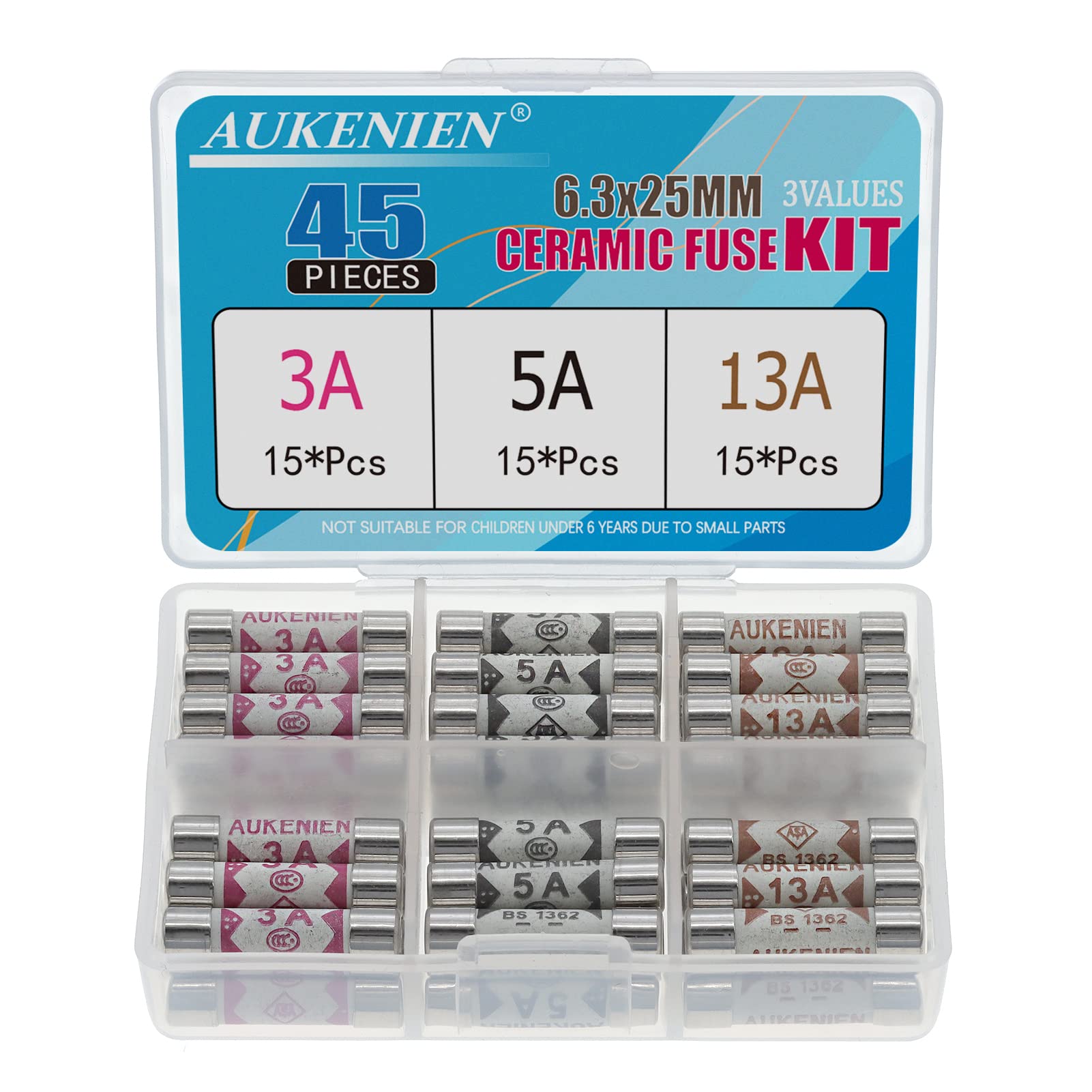 AUKENIEN Fuses Mixed Household UK 3 Values 45pcs 3A 5A 13A Fuse 3 5 13 Amp 6.3 x