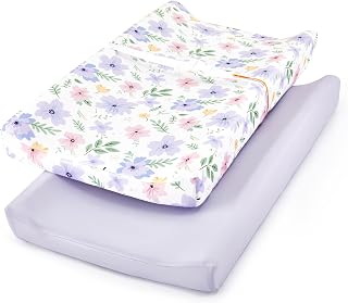 TILLYOU Changing Pad Cover Girl Set in Soft Jersey Material - Fits 32"/34''x16 Contoured Pad for Babies, Brilliant Little Flowers and Purple